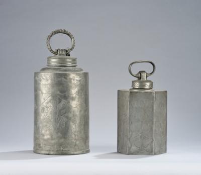 Zwei Zinn Schraubflaschen, - Folk Art, Sculptures & Faiences