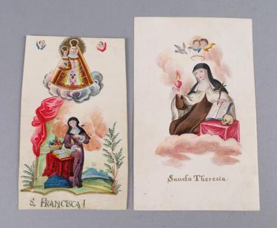 2 Andachtsbilder, S. Francisca und S. Theresia, 18 Jh., - Volkskunst, Skulpturen & Fayencen