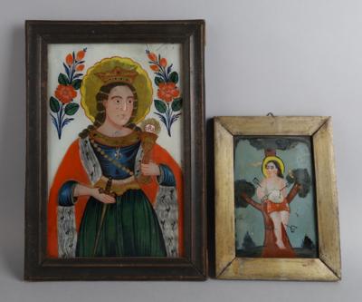 Zwei Hinterglasbilder, Sandl - S. Barbara und S. Sebastian, - Antiquariato