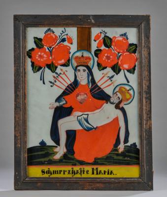 Hinterglasbild, Sandl - Schmerzhafte Maria, - Starožitnosti, lidové umění, skulptura a fajáns