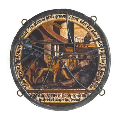 kleines verbleites Glasbild mit Darstellung des Daniel in der Löwengrube, - Arte popolare e religiosa, sculture e maioliche