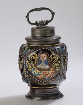 Schraubflasche (Kruke), Dippoldiswalde (vorm. Annaberg zugeschrieben), um 1670/90, - Volkskunst, Fayencen, Skulpturen, Metallarbeiten und Varia
