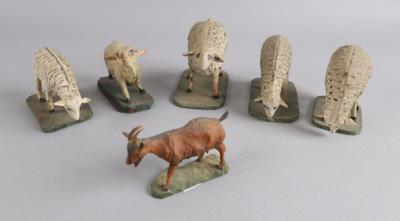 5 Schafe und eine Ziege, Krippenfiguren, - Antiquariato
