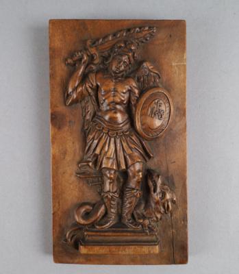 Kleines Relief mit Hl. Michael über Teufel, - Volkskunst, Skulpturen und Fayencen