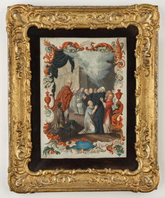 Großes Pergamentbild mit Vision des Hl. Benedictus, um 1760 - 80, - Antiquitäten, Volkskunst, Skulpturen & Fayencen
