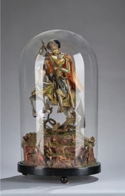 Großer Glassturz mit Hl. Georg über dem Drachen, alpenländisch Anfang 19. Jh., - Antiquariato, arte popolare, sculture e maioliche