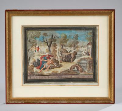 Großes Pergamentbild mit dem barmherzigen Samariter, datiert 1767, - Antiquitäten, Volkskunst, Skulpturen & Fayencen