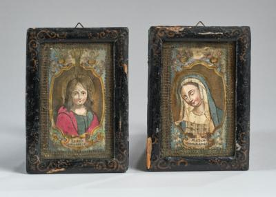 Zwei kleine Collagebilder, Jesus amabilis und Mater admirabilis, Ende 18. Jh., - Antiquitäten, Volkskunst, Skulpturen & Fayencen