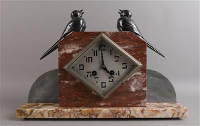 Art Deco Marmor Kaminuhr "Zwei Vögel", - Uhren, Technik, Kuriosa & Photographica