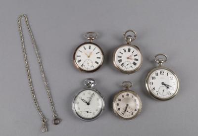 Konvolut: 5 Taschenuhren,1 Silber Uhrkette, - Uhren, Technik, Kuriositäten & Photographica