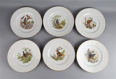 6 Teller mit Federwildund Hochwilddekor, - Dekorativní porcelán a stříbro