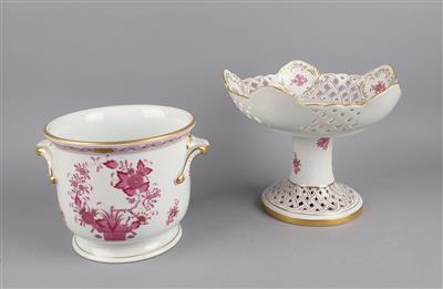 Tafelaufsatz und Flaschenkühler, Herend Indischer Blumenkorb Purpur um 1970, - Decorative Porcelain and Silverware