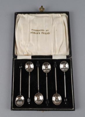 6 englische Mokkalöffel in Kassette, - Decorative Porcelain & Silverware