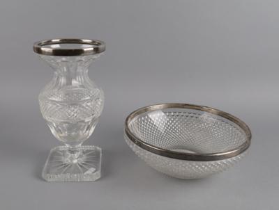Facettiert geschliffene Schale und Vase mit Sterlingsilbermontierung, - Decorative Porcelain & Silverware