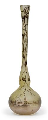 A vase with long neck with lakeside landscape and pine branches, Daum, Nancy c. 1905/14, - Jugendstil e arte applicata del XX secolo