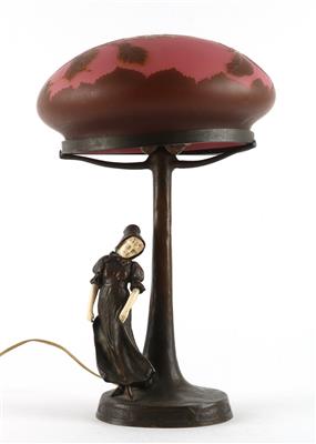 Peter Tereszczuk, table lamp with young woman and Lötz shade, designed c. 1905, - Secese a umění 20. století