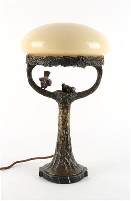 Table lamp in the form of a tree with two branches, with birds and a bird nest, Austria, c. 1905, - Secese a umění 20. století