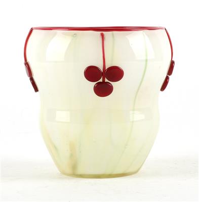 Vase, Johann Lötz Witwe, Klostermühle, Form: um 1906, Dekor: 1908, weiß marmoriert, vier rote Auflagen, - Jugendstil und Kunsthandwerk des 20. Jahrhunderts