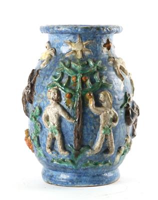 große reliefierte Vase mit Darstellungen aus dem Paradies, wohl Volkskeramik Mürzzuschlag - Jugendstil e arte applicata del XX secolo