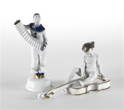 Ferdinand Liebermann, “Cellist”, designed in 1914 and A. Caasmann, Pierrot with accordion, designed in 1916, executed by Rosenthal porcelain factory, Selb - Secese a umění 20. století