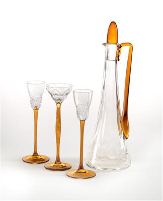 Jutta Sika, a carafe with stopper and three liqueur glasses (incl. a pair), Johann Meyr’s Neffe for E. Bakalowits’ Söhne, Vienna, 1901 - Secese a umění 20. století