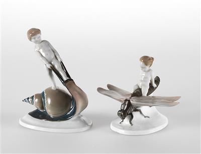 A putto on a butterfly and a putto on a snail, Rosenthal, Selb, c. 1927/29 - Jugendstil and 20th Century Arts and Crafts