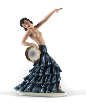 Stephan Dakon, a flamenco dancer in a long skirt (half-nude) with tambourine on oval base, Friedrich Goldscheider, 1922-41 - Jugendstil e arte applicata del XX secolo