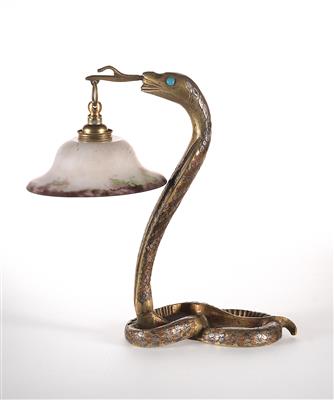 A wall lamp (also to be used as a table lamp) in the form of a snake with a lampshade by Crystal de Compigne, c. 1930 - Secese a umění 20. století