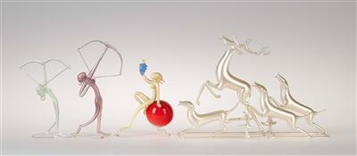 Three hunting motifs (two with the goddess of the hunt Diana, one with three hounds in the forest with a stag) and a female figure with grapes, Bimini Werkstätten, Vienna, c. 1930 - Jugendstil and 20th Century Arts and Crafts