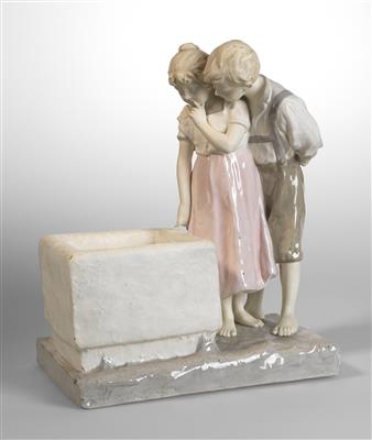 Mädchen und Knabe an einem Brunnen, wohl Franz Sautner, Fa. Schauer  &  Co., Wien, um 1920 - Jugendstil and 20th Century Arts and Crafts