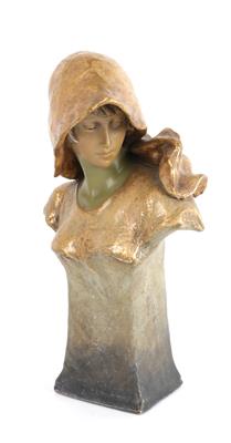 Cherc, Büste eines Mädchens mit Hut und Schal, Wiener Manufaktur Friedrich Goldscheider, 1900-1920 - Jugendstil und angewandte Kunst des 20. Jahrhunderts