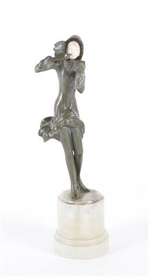 Frauenfigur aus Bronze mit Lippenstift und Spiegel, um 1930 - Jugendstil e arte applicata del XX secolo