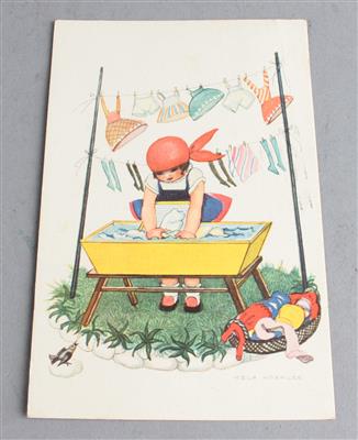 Mela Koehler, Postkarte "Puppenwäsche", Kunst und Kind, Ausstellung im Messepalast 1928 - Kleinode des Jugendstils und angewandte Kunst des 20. Jahrhunderts