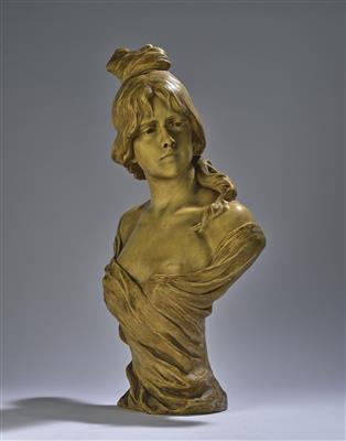 Nelson, Büste "Ondine" (junge Dame mit hochgebundenem Haar), Entwurf: ca. 1900, Modellnummer: 2091, Wiener Manufaktur Friedrich Goldscheider, bis ca. 1920 - Jugendstil e arte applicata del XX secolo