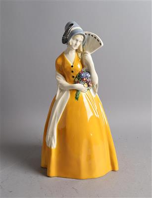 Johanna Meier-Michel, Biedermeierdame mit Fächer und Blumenstrauß, Modellnummer: Ausführung: Wiener Kunstkeramische Werkstätte (WKKW), 1912/14 - Jugendstil e arte applicata del XX secolo