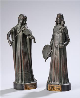 Bernhard Johann Karl Butzke (Deutschland 1876-1952), zwei Bronzefiguren: "Musik" und "Kunst", Deutschland, 1903 - Kleinode des Jugendstils und angewandte Kunst des 20. Jahrhunderts