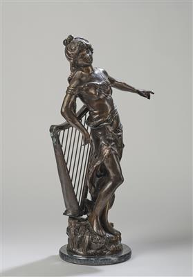 Große Frauenfigur mit Harfe aus Bronze, wohl Louis und Francois Moreau, Entwurf: um 1900 - Jugendstil e arte applicata del XX secolo