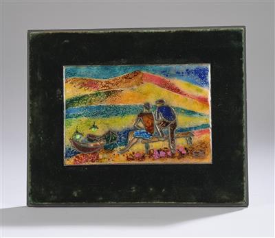 Emaillebild: Landschaft mit zwei Männern und Booten, um 1930 - Jugendstil and 20th Century Arts and Crafts