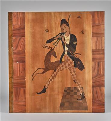 Wandpaneel (ehemals Teil einer Tür) im Stil von Viktor Lurje: Harlekin mit Flöte und einem Hirsch, Wien, um 1920 - Secese a umění 20. století
