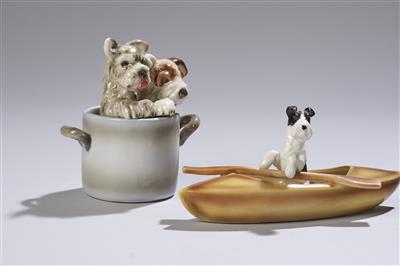 Ida Meisinger (1897-1985), 'Paddler' (Terrier in Paddelboot sitzend), Ausführung: Wiener Manufaktur Friedrich Goldscheider, Wien, bis ca. 1941 - Jugendstil e arte applicata del XX secolo