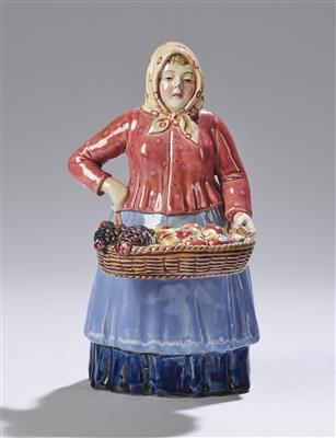 Zweiteilige Dose mit Frauenfigur mit einem Korb mit Früchten: "Die/Der Resitant", Modellnummer: 1871, Wiener Kunstkeramische Werkstätte, Wien, 1924 - Secese a umění 20. století
