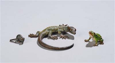 Drei kleine Bronzen: Krokodil, Frosch und Maus, Entwurf: um 1900/20 - Kleinode des Jugendstils und angewandte Kunst des 20. Jahrhunderts