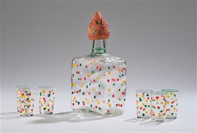 Flasche mit Holzstöpsel und sechs kleinen Schnapsgläsern mit emailliertem Punktdekor, um 1930 - Jugendstil and 20th Century Arts and Crafts