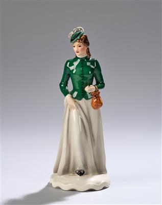 Josef Lorenzl, Frauenfigur mit Federhut und Beutel ("Figur"), Modellnummer: 1867, Firma Keramos, Wien, um 1950 - Secese a umění 20. století