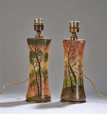 Paar Vasen als Tischlampen umfunktioniert, mit Landschaftsdekor bzw. einer Seelandschaft, Legras  &  Cie., St. Denis, um 1900/1910 - Jugendstil e arte applicata del XX secolo