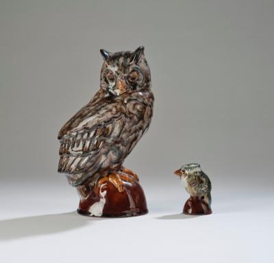 Leo Miller (1887-1965), an owl and a small bird on a base, model numbers: 286 and 101, Radstädter Keramik, 1922-1962 - Secese a umění 20. století (zvířectvo a mýtické bytosti)