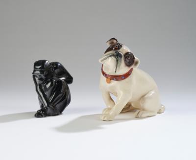 A seated monkey, model number: 1384 and a seated bulldog, model number: 1492, Wiener kunstkeramische Werkstätte (WKKW), c. 1910/15 - Jugendstil 'Animali e creature mitiche'