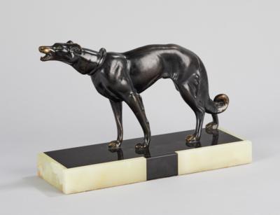 Art Déco Bronze Skulptur eines Hundes: Barsoi auf Steinsockel, um 1920/35 - Jugendstil e arte applicata del XX secolo