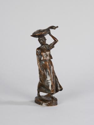 H. Müller (wohl Heinz Müller, Münster 1872 - Düsseldorf 1937), Bronzeskulptur einer jungen Frau in ländlicher Tracht, Entwurf: um 1910/15 - Jugendstil e arte applicata del XX secolo