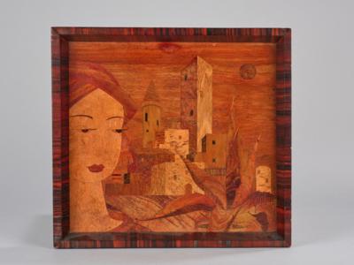 Holzrelief: Frauenbüste mit einer Agave und Teilansicht einer Stadt im Hintergrund im Stil von Viktor Lurje, um 1920 - Secese a umění 20. století